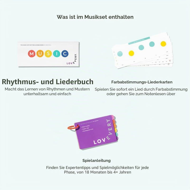 Lovevery The Music Set, Mehrfarbig/Meereswellen (Ocean Tides), Medium, 6 Musikinstrumente, Buch mit
