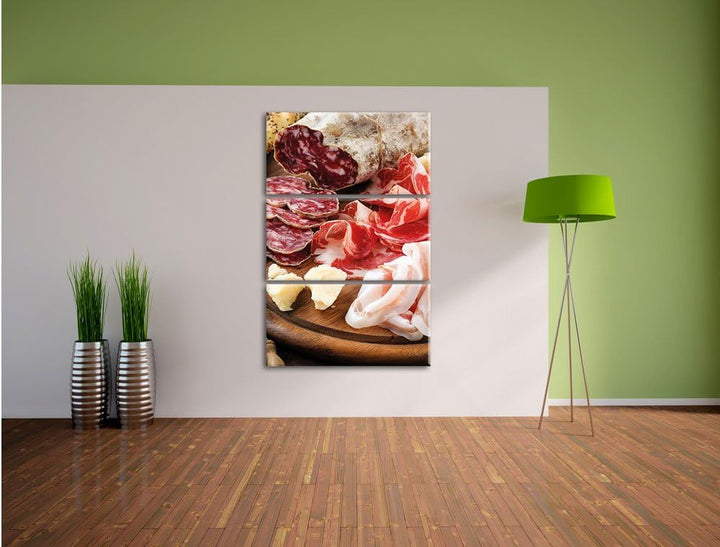 Pixxprint Brotzeit mit Wurst 3-Teiler Leinwandbild 120x80 Bild auf Leinwand