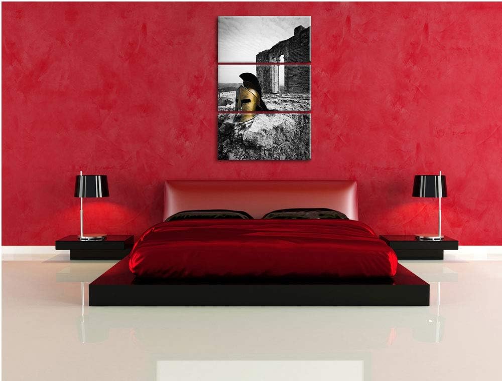 alter Helm einer Rüstung vor Ruine schwarz/weiss 3-Teiler Leinwandbild 120x80 Bild auf Leinwand, XXL
