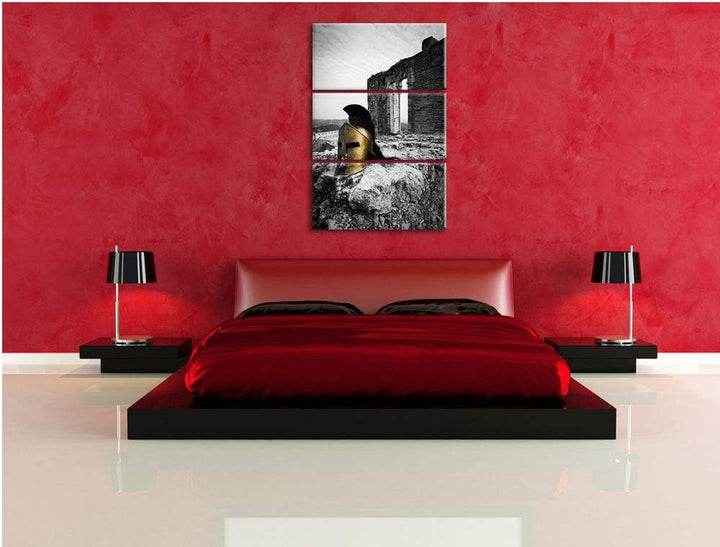 alter Helm einer Rüstung vor Ruine schwarz/weiss 3-Teiler Leinwandbild 120x80 Bild auf Leinwand, XXL