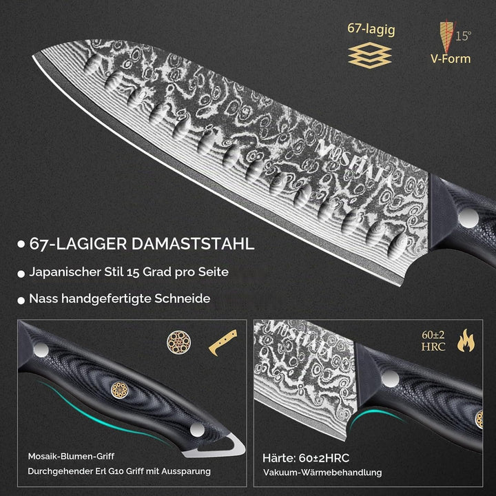 MOSFiATA Damast Santoku Messer 7 Zoll-Japanisches Küchenmesser aus Damaszener Stahl-Damastmesser mit