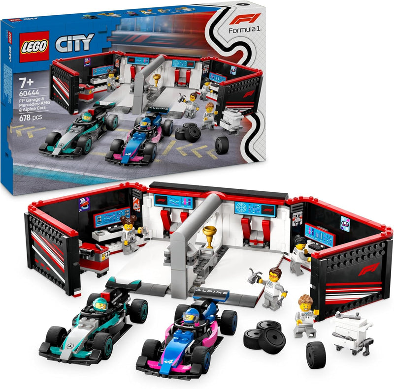 LEGO City F1 Garage mit Mercedes-AMG & Alpine Rennautos - Spielzeug Formel 1 Rennwagen mit 2 Rennfah