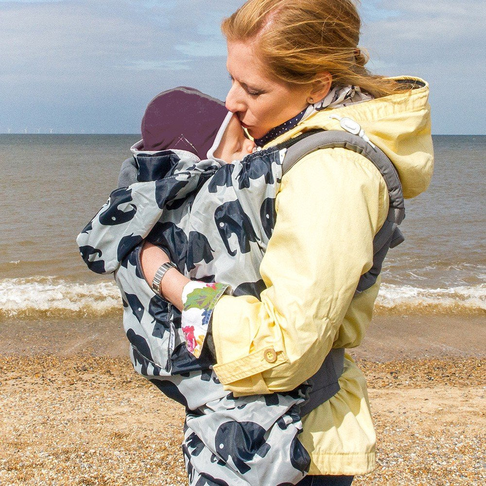 Babywearing: Wasserfester Wetterschutz für Tragetuch und Babytrage -Grau mit Elefanten, Grau mit Ele