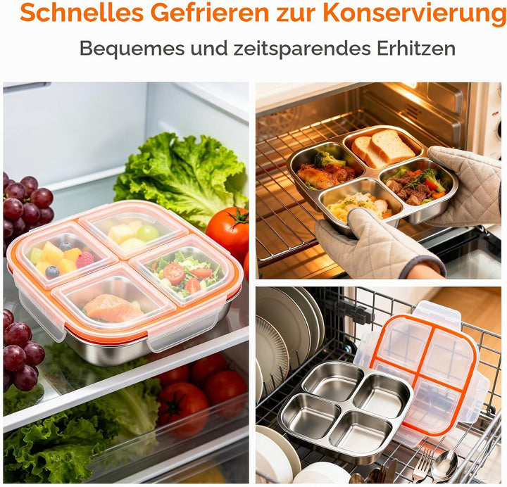 CSYY 2 Stück Edelstahl Snackboxen, 4 Fächern Lunchbox Wiederverwendbare Snack Behälter Leckdichte Be