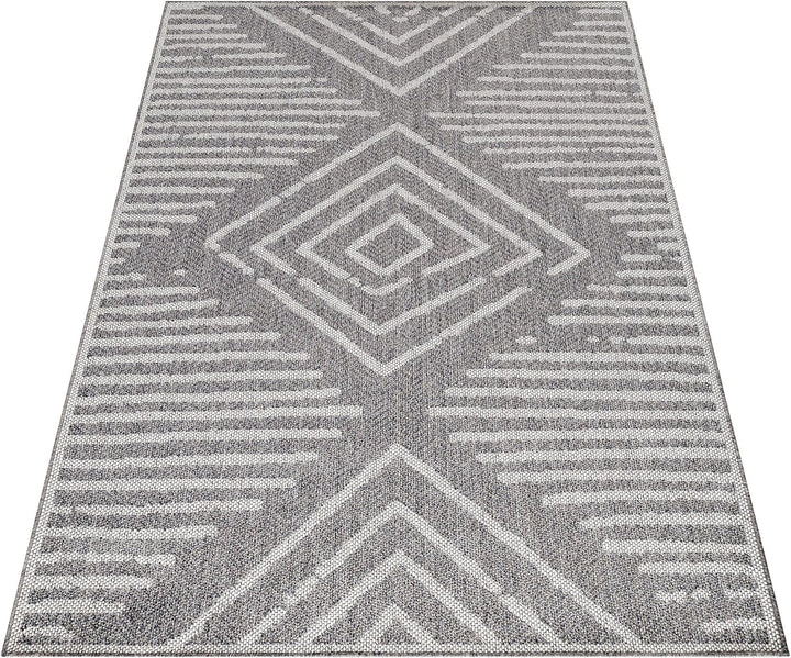 In- & Outdoor Läufer Teppich Robuster, Modern Boho Design, Rechteckig, Grau und Creme Farbe, Wetterf