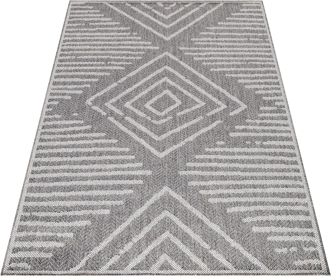 In- & Outdoor Teppich Robuster, Modern Boho Design, Rechteckig, Grau und Creme Farbe, Flachgewebe, W