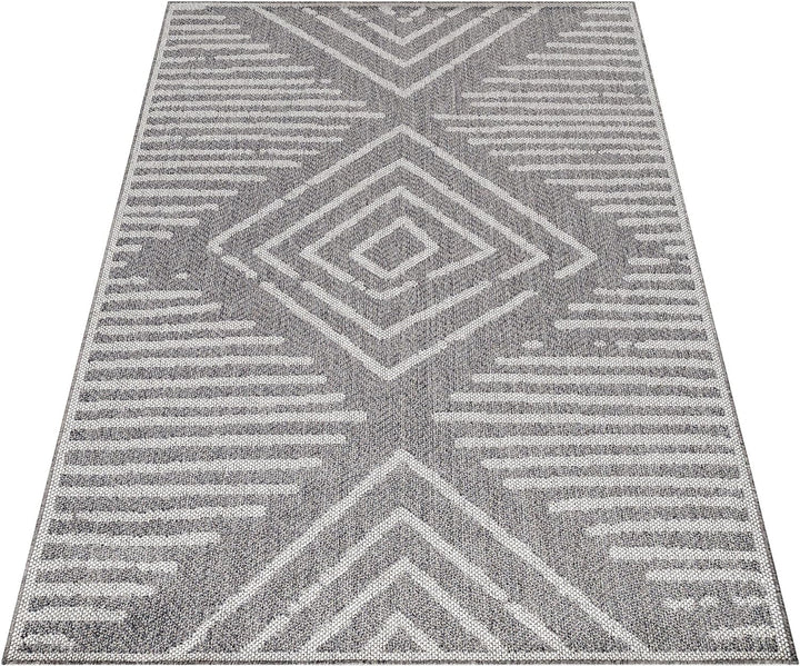In- & Outdoor Teppich Robuster, Modern Boho Design, Rechteckig, Grau und Creme Farbe, Flachgewebe, W