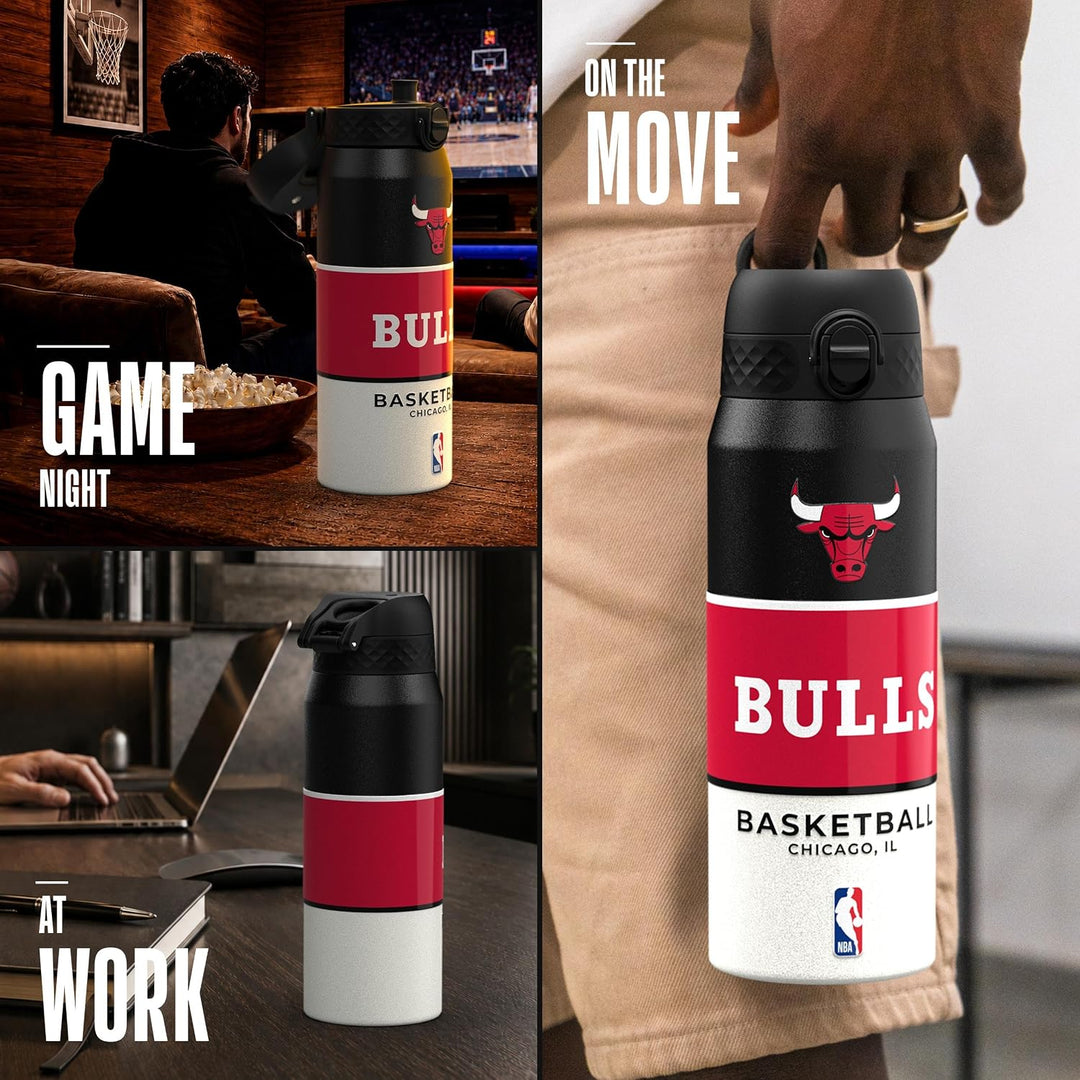 ion8 NBA Chicago Bulls Trinkflasche Mit Herausnehmbarem Strohhalm, 750ml/24oz, Auslaufsichere Isolie