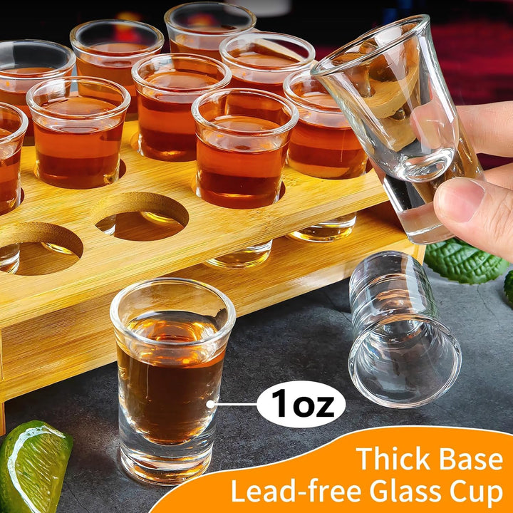Schnapsglas-Set Mit Tablett - 12 Stück 30ml Gläser, Brett, Halter - Gerade, Dicke Basis, Klares Glas