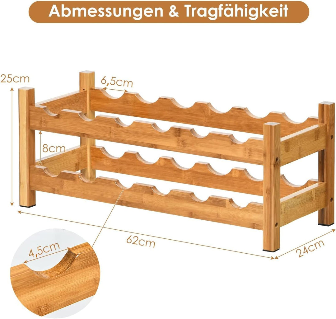 COSTWAY Weinregal für 12 Flaschen, Flaschenregal mit 2 Etagen, Flaschenhalter aus Bambus für Keller,
