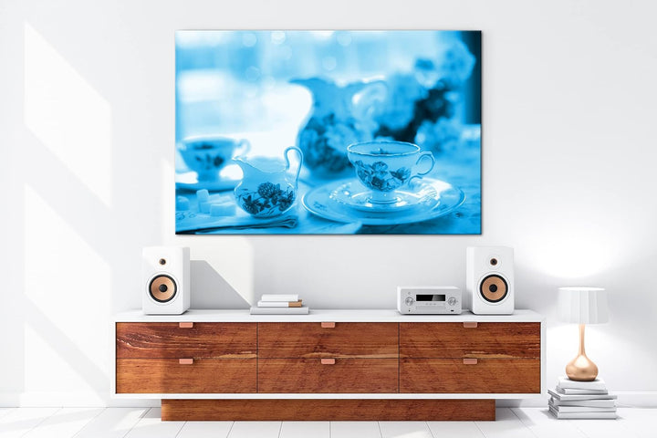 deyoli edles Teegeschirr Format: 80x60 Effekt: Monocrome Blau als Leinwand, Motiv fertig gerahmt auf