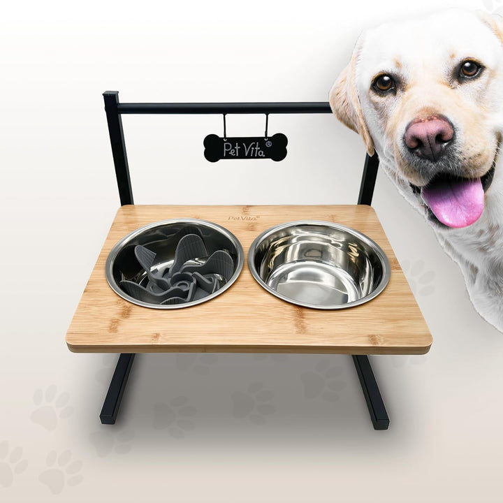 PetVita® - Erhöhter Hundenapf: ALLinONE Hundebar, 12 mal höhenverstellbar mit 2 Edelstahlnäpfen, Fut