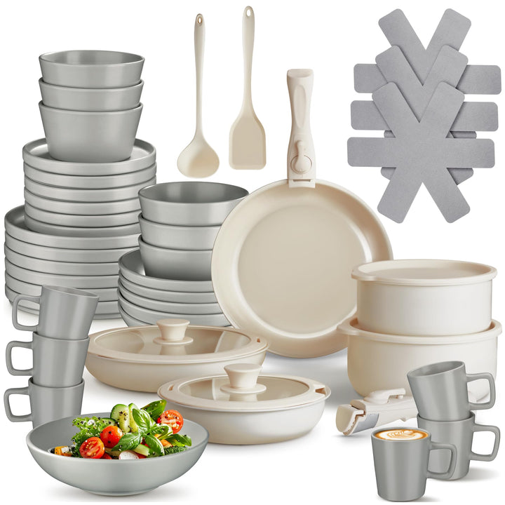 tectake® Küchenstarterset 6 Personen, Steingut Geschirr Set, Teller, 3 Pfannen, 2 Töpfe, rostfreies