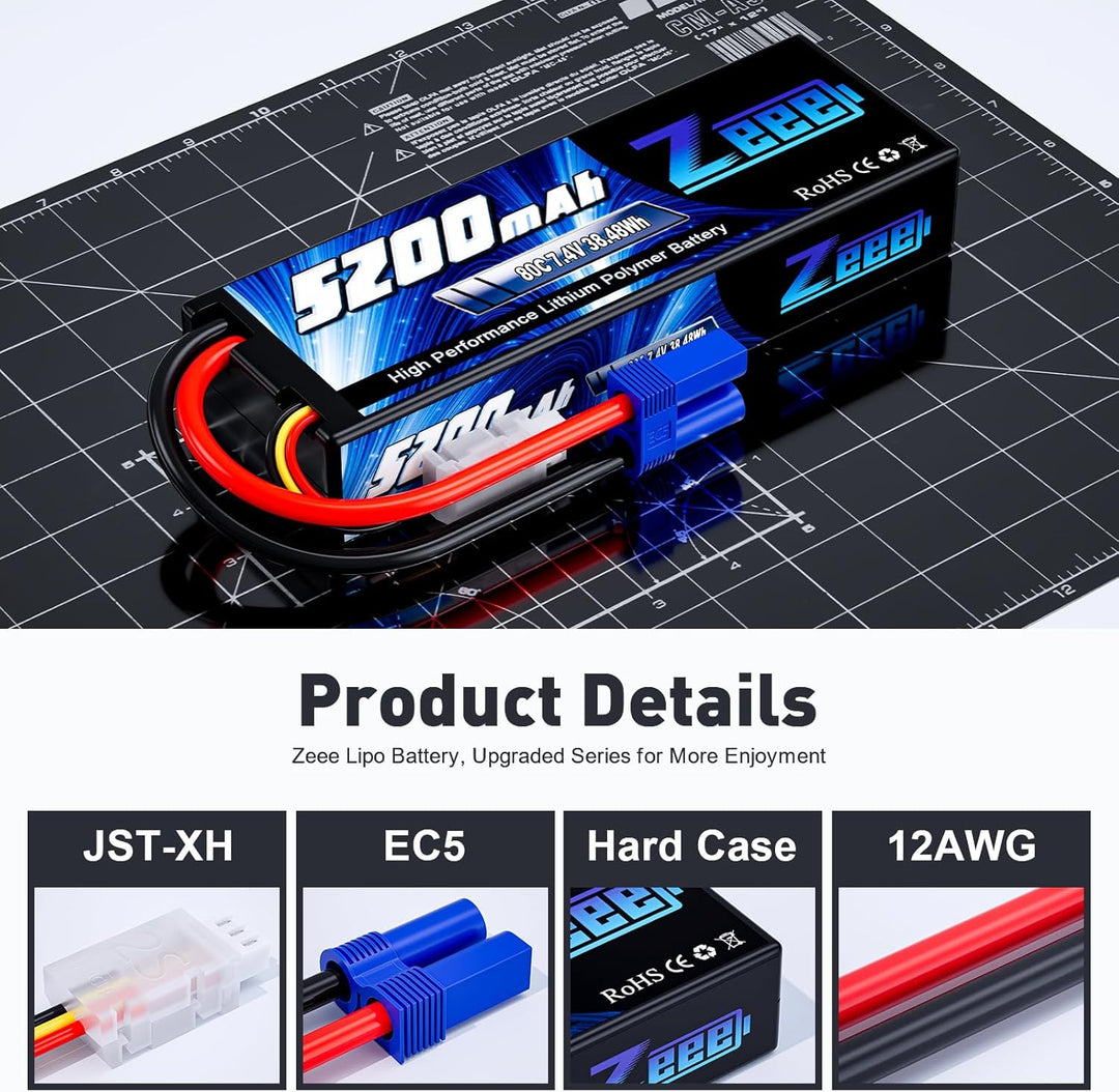 Zeee 2S Lipo Akku 5200mAh 7,4V 80C Hardcase Batterie mit EC5 Stecker für RC Evader BX Auto Car Truck