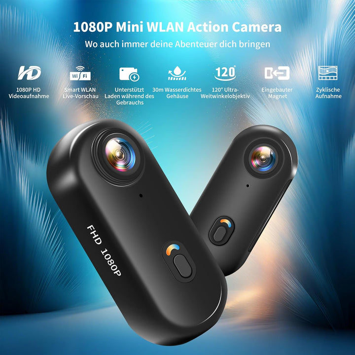 Action Cam 1080P WiFi, Bodycam Körperkamera Mini, 360° Action Kamera, Sportkamera Wasserdicht bis 30