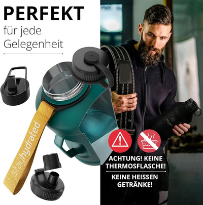 BeMaxx Trinkflasche Edelstahl ACTIVE FLASK + Strohhalm (3 Deckel) | Grosse 1,3 Liter Sportflasche BP