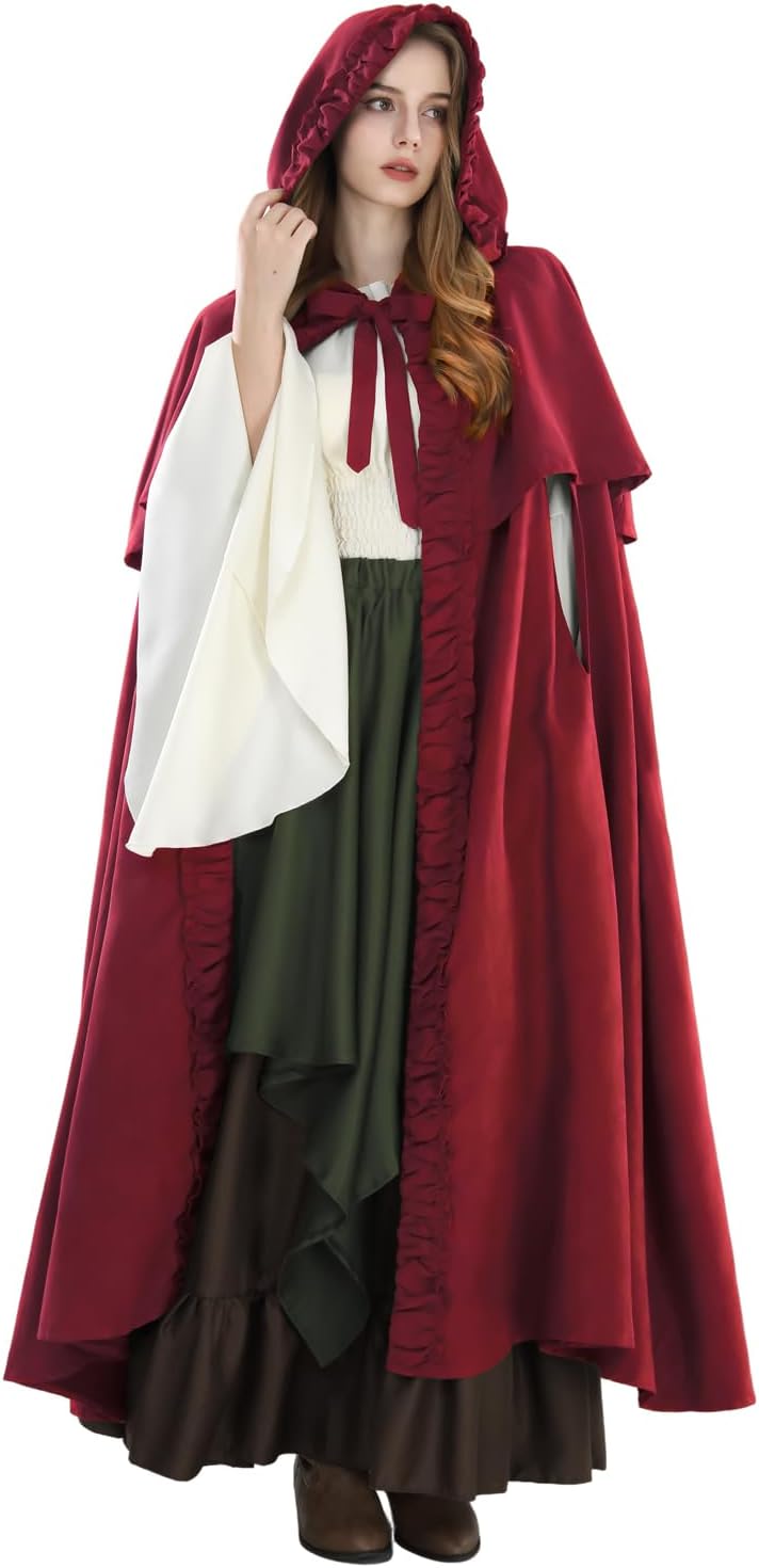 Fiamll Mittelalter Umhang Damen Kapuze Mantel mit Manschette Einfarbige Trenchcoat Renaissance Vampi