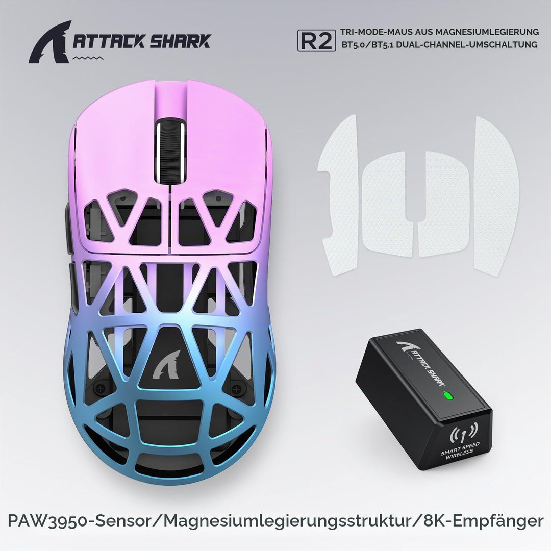 ATTACK SHARK R2 Gaming-Maus aus Magnesium, PixArt PAW3950 Sensor, kabellos, 8K, 48g, superleicht, BT