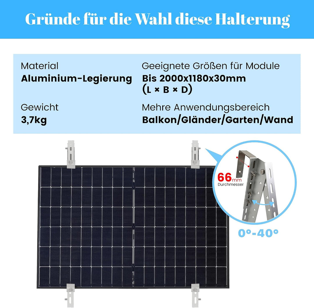 E.For.U® 1 Stück Balkonkraftwerk Halterung Solarmodul Halterung 1300mm, Verstellbar Winkel 10-30°, f