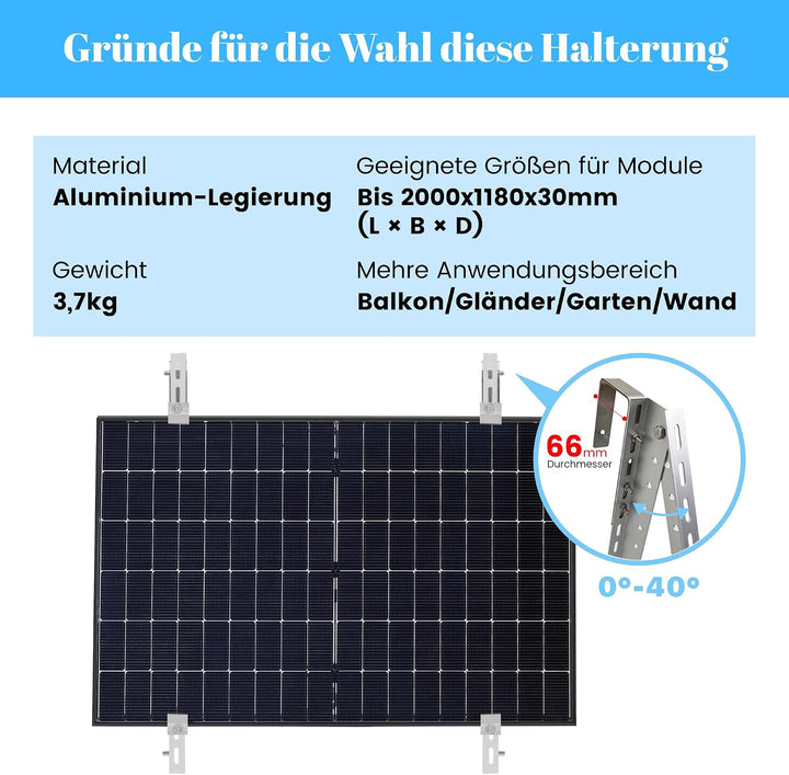 E.For.U® 1 Stück Balkonkraftwerk Halterung Solarmodul Halterung 1300mm, Verstellbar Winkel 10-30°, f