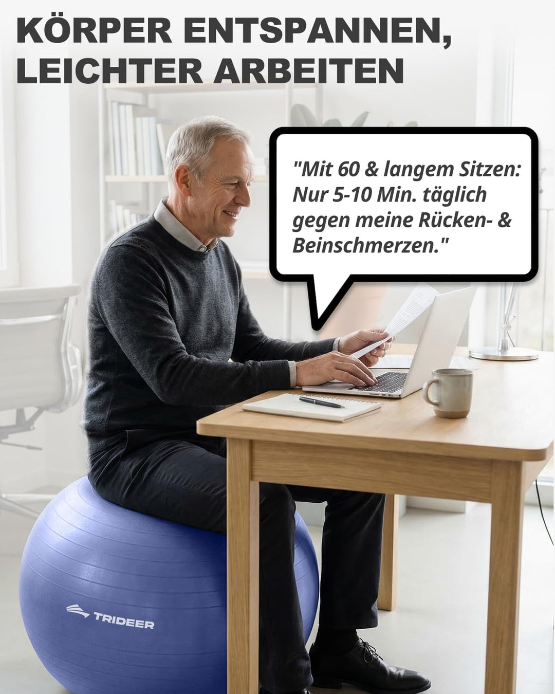Trideer Gymnastikball – Sitzball, Pezziball &amp; Pilates Ball für Büro &amp; Rückentraining, Balance Ball f