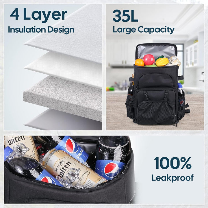 DEWUR Kühlrücksack 35L Thermo Rücksack Kühltasche Wasserdichter Picknickrücksack mit Flaschenöffner