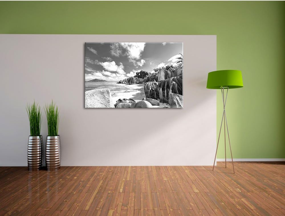 Pixxprint Seychellen Strand Kunst B&W als Leinwandbild | Grösse: 100x70 cm | Wandbild | Kunstdruck |