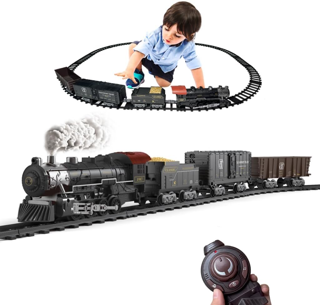 Elektrisches Zugset für Jungen - Ferngesteuerte Züge mit Dampf, Geräuschen und Lichtern, Waggons und