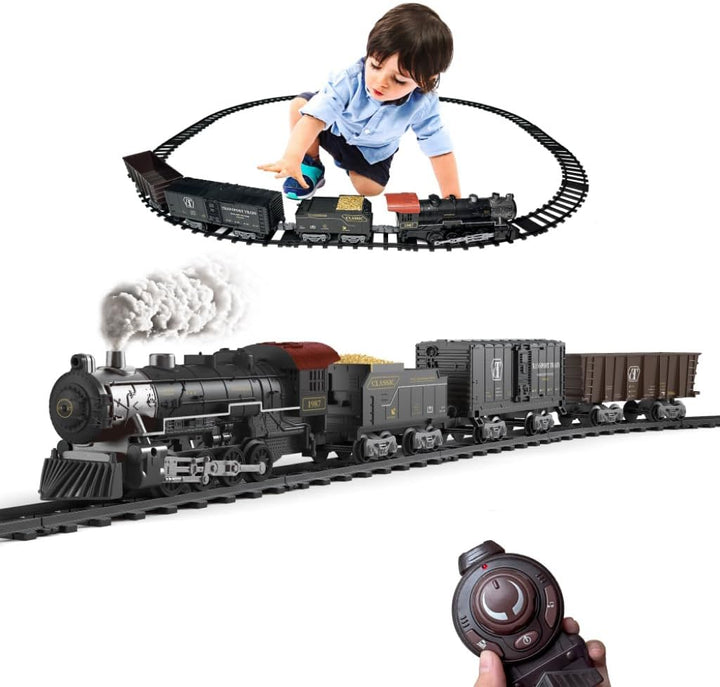 Elektrisches Zugset für Jungen - Ferngesteuerte Züge mit Dampf, Geräuschen und Lichtern, Waggons und