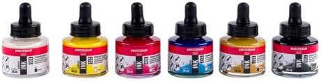 Amsterdam Acryltintenset | Basisset (6 x 30 ml) | Grundfarben, Schwarz, Weiss & Ocker | flüssige Acr