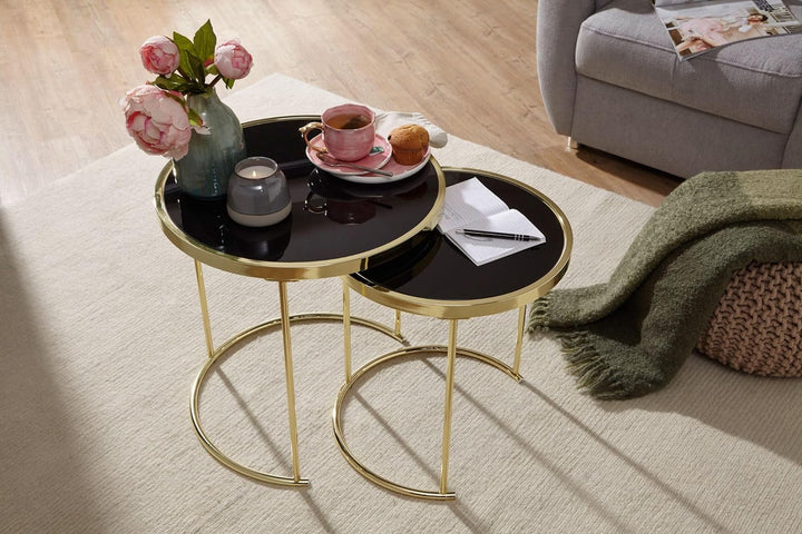 FineBuy Design Satztisch Como schwarz/Gold Beistelltisch Metall/Glas | Couchtisch Set aus 2 Tischen