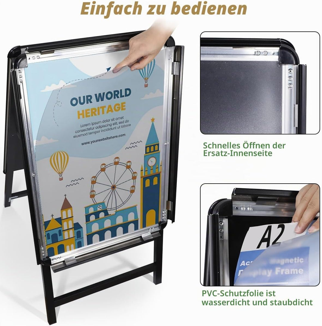 Kundenstopper A2 für 2 Plakate,Speisekarte Werbeaufsteller Outdoor,Plakatständer mit Aluminium Rahme
