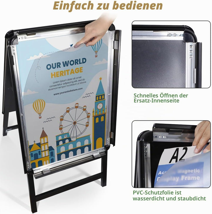 Kundenstopper A2 für 2 Plakate,Speisekarte Werbeaufsteller Outdoor,Plakatständer mit Aluminium Rahme
