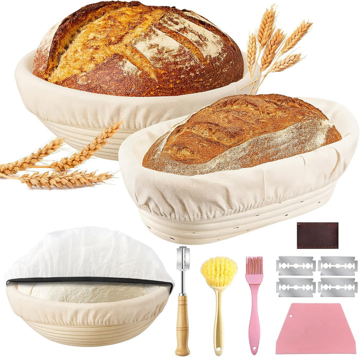 2er-Set Gärkorb Set, Gärkörbchen Rund 23cm & Oval 25cm, Gärfolie für Brot, Bäckermesser, Teigschaber
