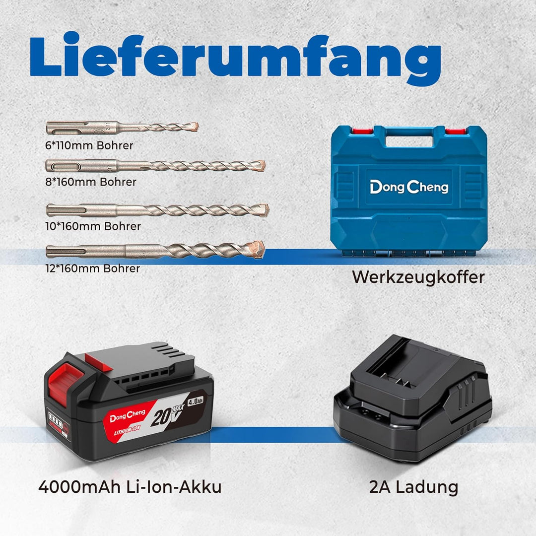 DongCheng Akku Bohrhammer 18V, Schlagenergie 2.7 J, mit 4 Stück SDS-plus, Bohren bis 28 mm, Bürstenl