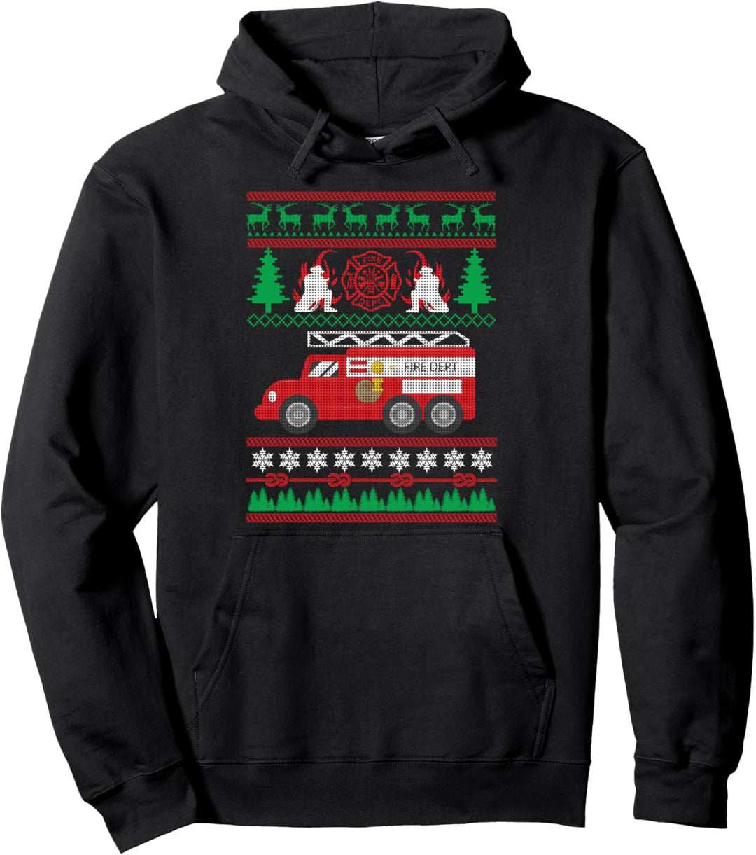 Firefighter Ugly Christmas Firemen Fire Truck Holiday Xmas Pullover Hoodie