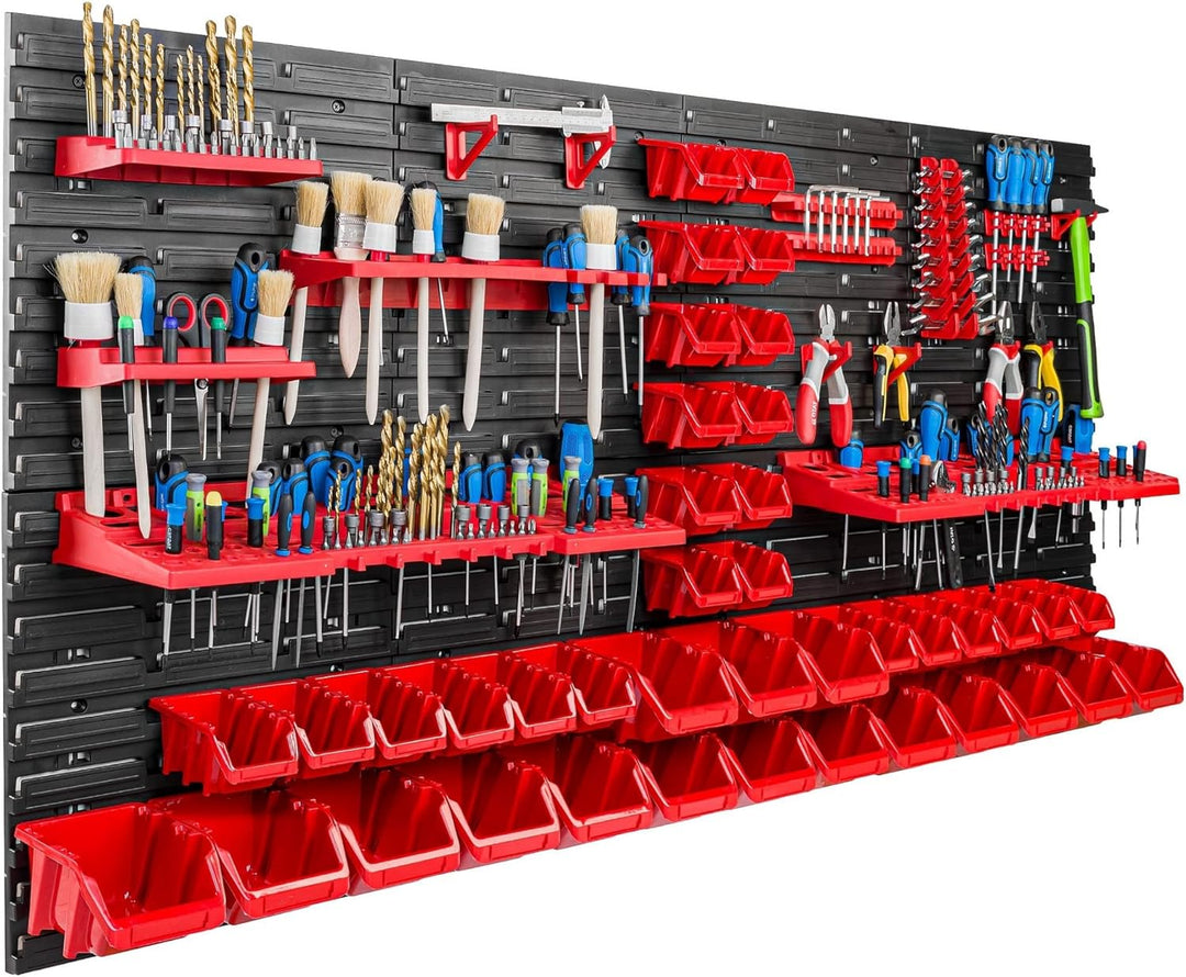 Lagersystem Werkstattregal | 156 x 78 cm | 40 stck. Box | Wandregal mit Werkzeughalterungen und Stap