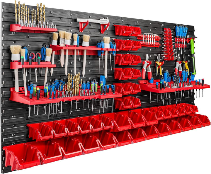 Lagersystem Werkstattregal | 156 x 78 cm | 40 stck. Box | Wandregal mit Werkzeughalterungen und Stap