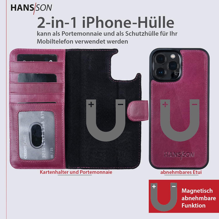 HANS/SON Hülle aus Echtleder mit Kartenfächern | iPhone 12 Pro Max Klapphülle in Magenta | Geldbeute