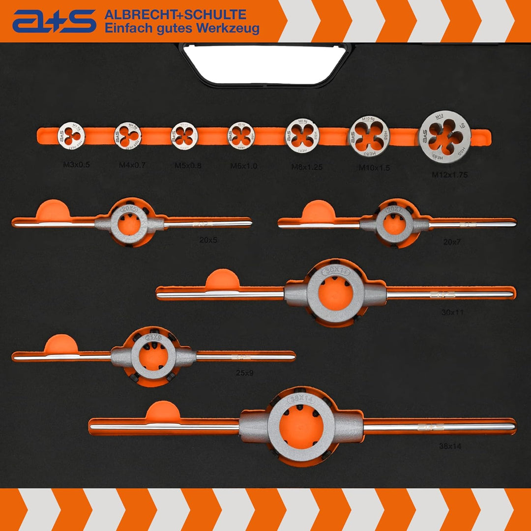 a+s HSS-G Gewindeschneider Set | M3 bis M12 | 45-teilig | Gewindebohrer & Schneideisen | Spiralbohre