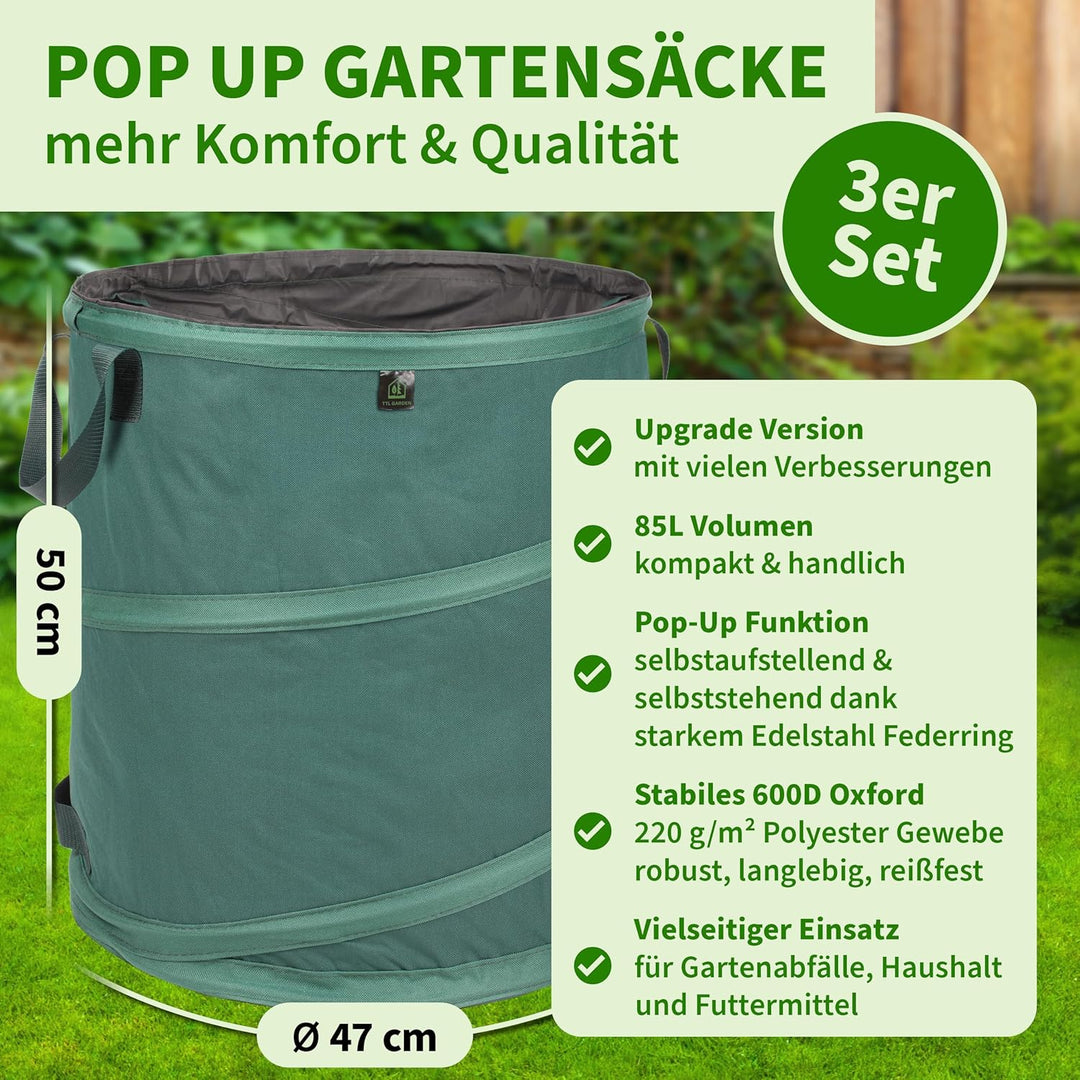 TTL Garden 3x 85L Pop Up Gartensack Premium - 220gsm 600D Oxford Gewebe selbstaufstellend extra robu