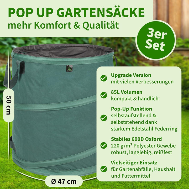 TTL Garden 3x 85L Pop Up Gartensack Premium - 220gsm 600D Oxford Gewebe selbstaufstellend extra robu
