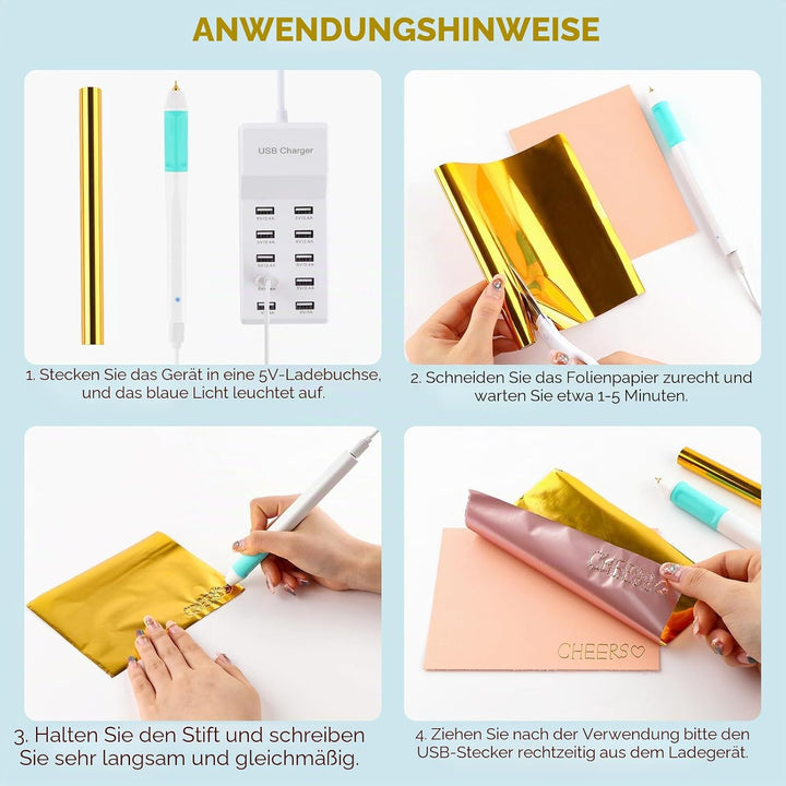 Heissfolienstifte und Heissfolienrollen-Set, Folienfeder-Starter, USB-Wärmefolienstift für Scrapbook