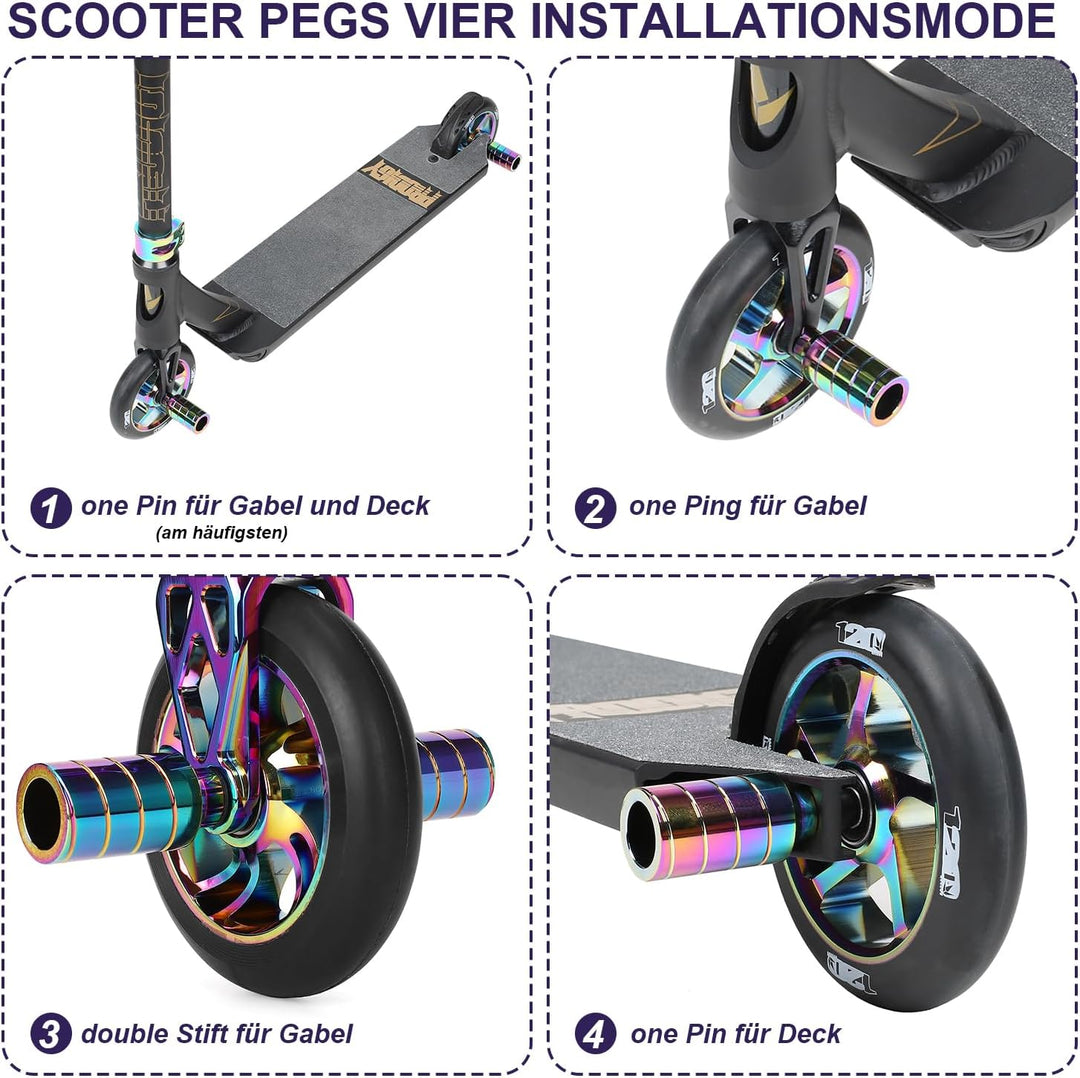Scooter pegs - 2 stück Pro Stunt Scooter Pegs Rainbow Schward mit 12.9 Stufe Achse und Befestigungsm