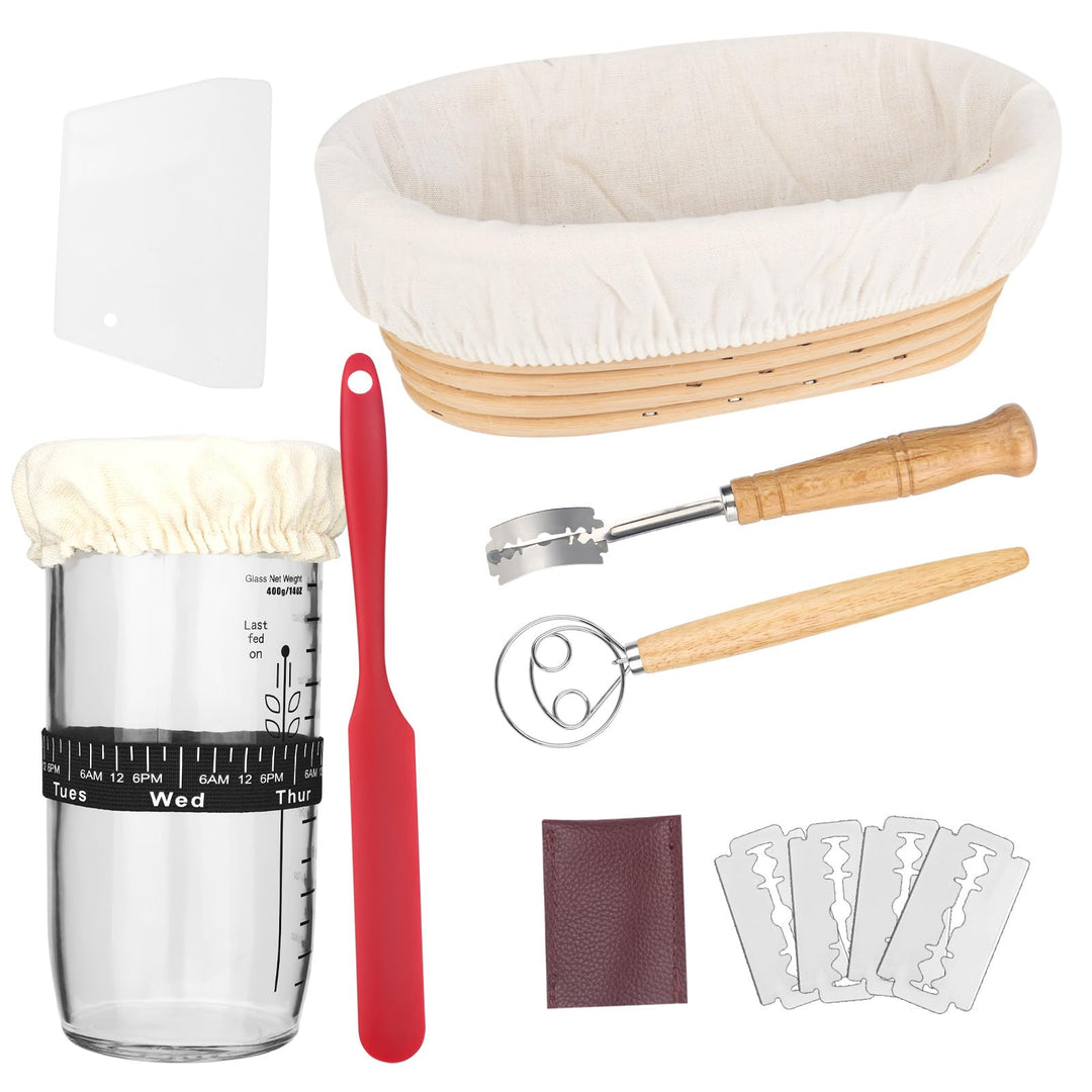CTDMJ Gärkörbchen 10 Zoll, 7-teilig Sauerteig Brot Gärkorb Set, Sauerteig Starter Set Glas 700ml, 10