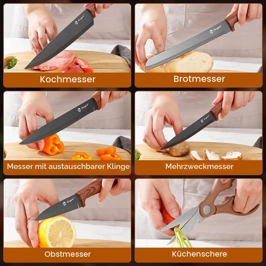 Messerset mit Messerblock, 7-Teilig Hochwertige Edelstahl Küchenmesser mit ergonomischen Griffen, Me
