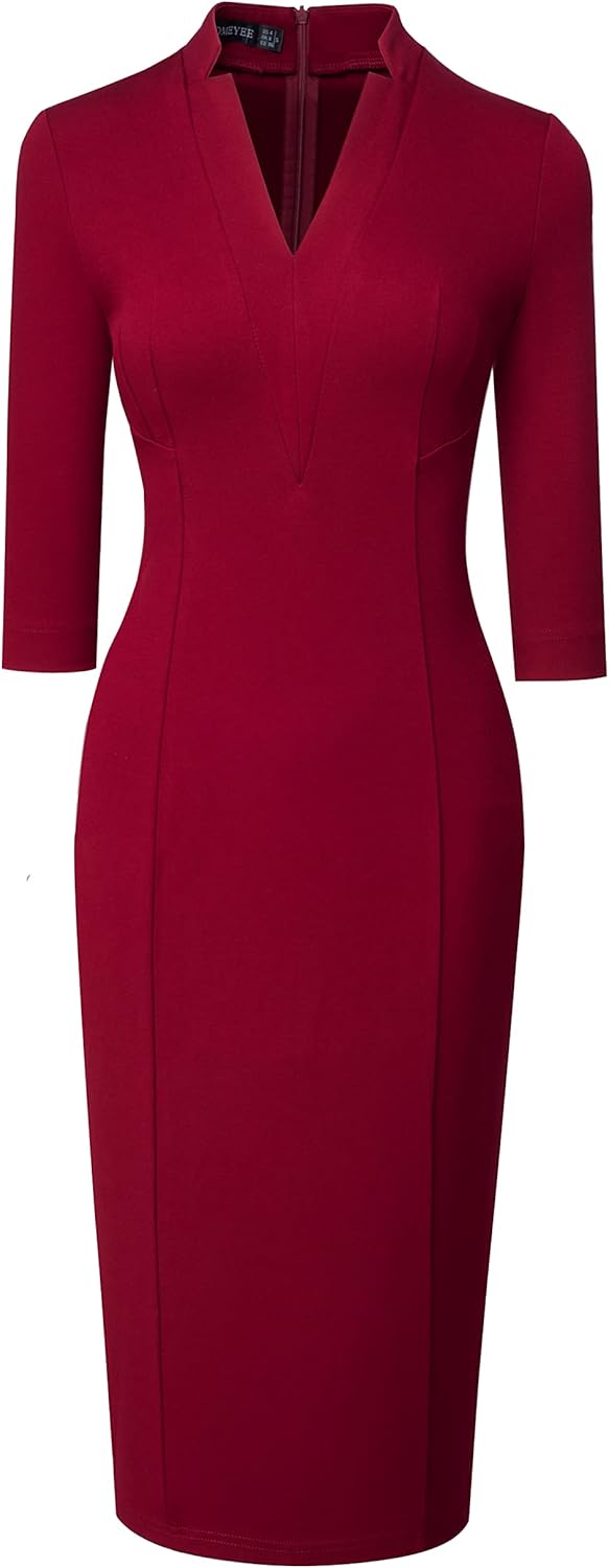 HOMEYEE Damen Elegant V-Ausschnitt 3/4 Ärmel Cocktail Retro Bodycon Bleistiftkleid Business Midi Etu