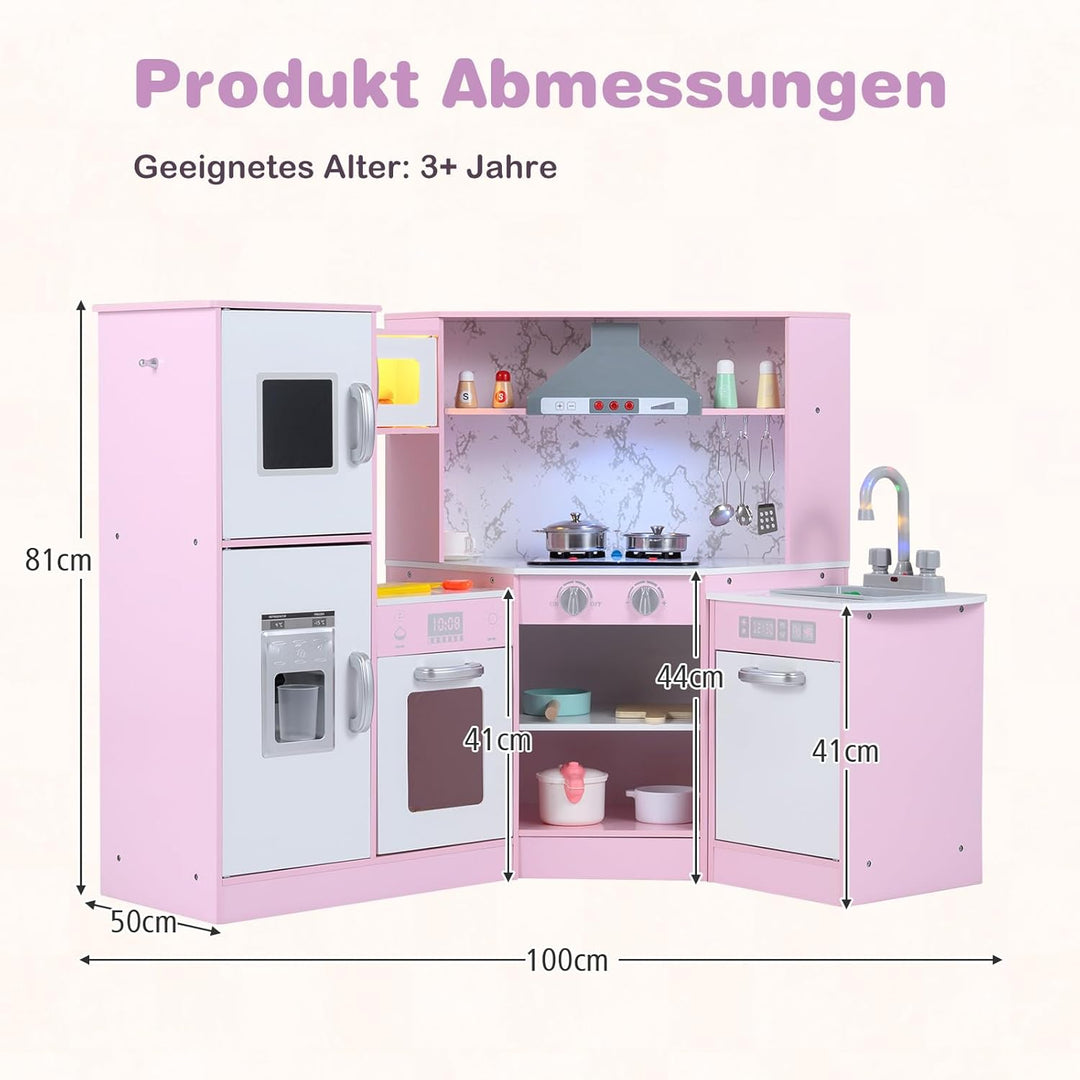 COSTWAY Kinderküche Holz, Spielküche Eck mit Licht und Sound, Holzküche mit Tafel & Spüle & Ofen, in