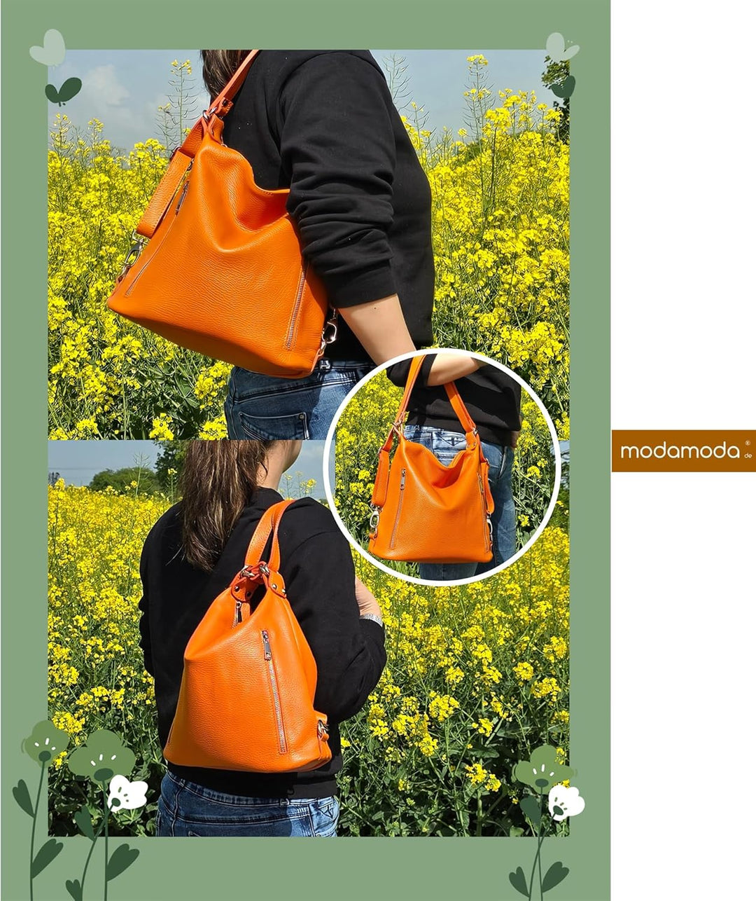 modamoda de - T249 - ital. Damen Rucksack Tasche 2 in 1 aus Leder Altrosa, Altrosa