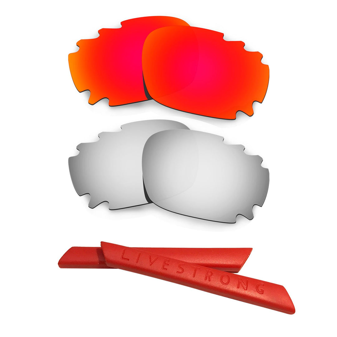 HKUCO Red/Titanium Polarized Replacement Lenses plus Red Earsocks Rubber Kit For Oakley Racing Jacke